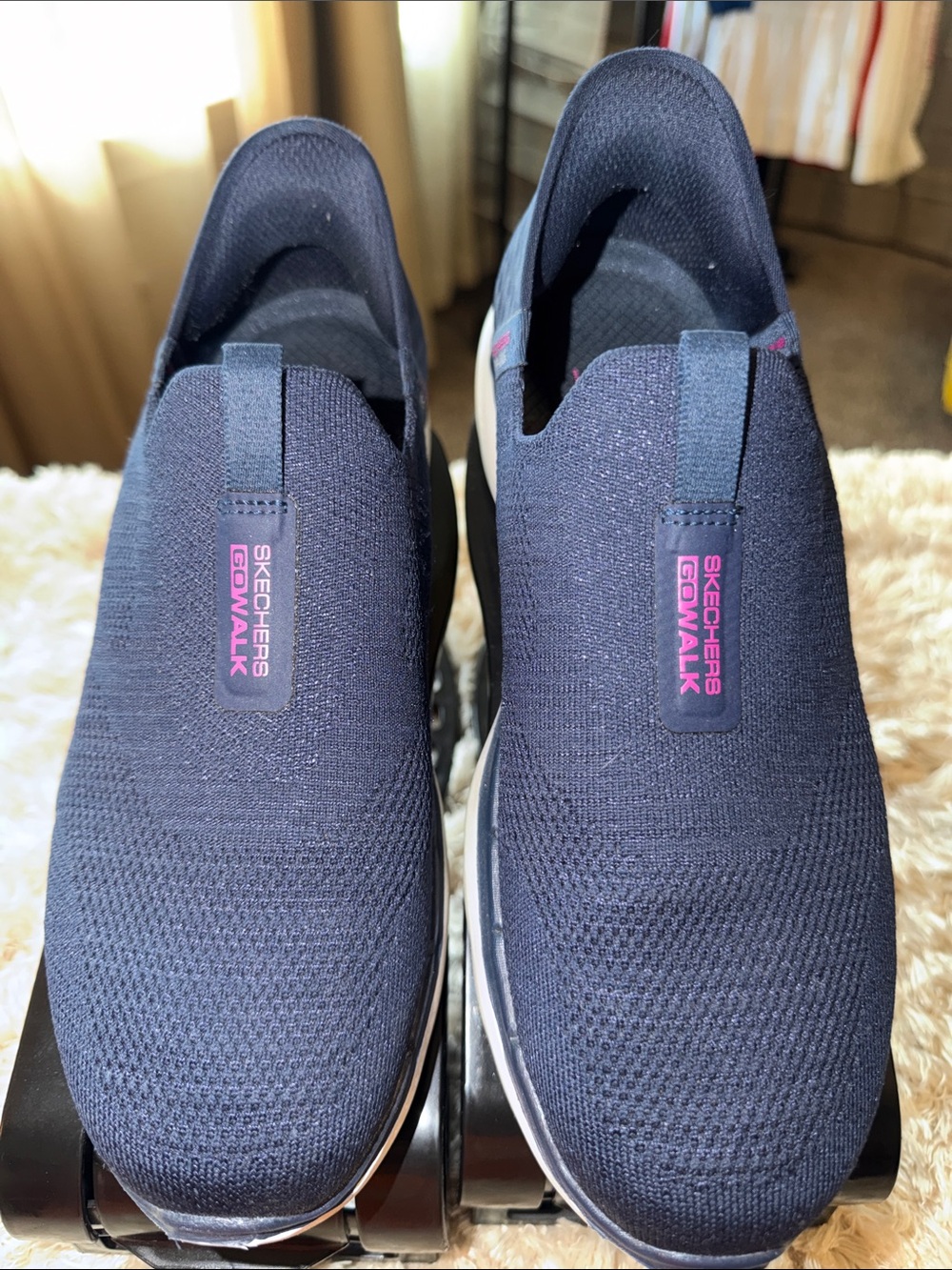 Skechers GOwalk Women’s Slip-On Knit Loafers in Navy with Pink Accents